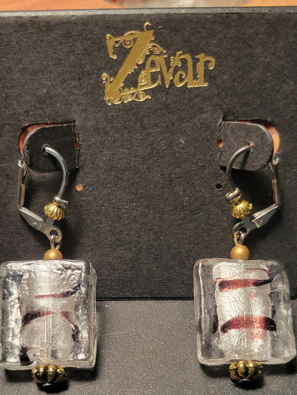Zevar Art Glass Dangle Earrings Silver Foil Burgundy Swirl Leverback NWT